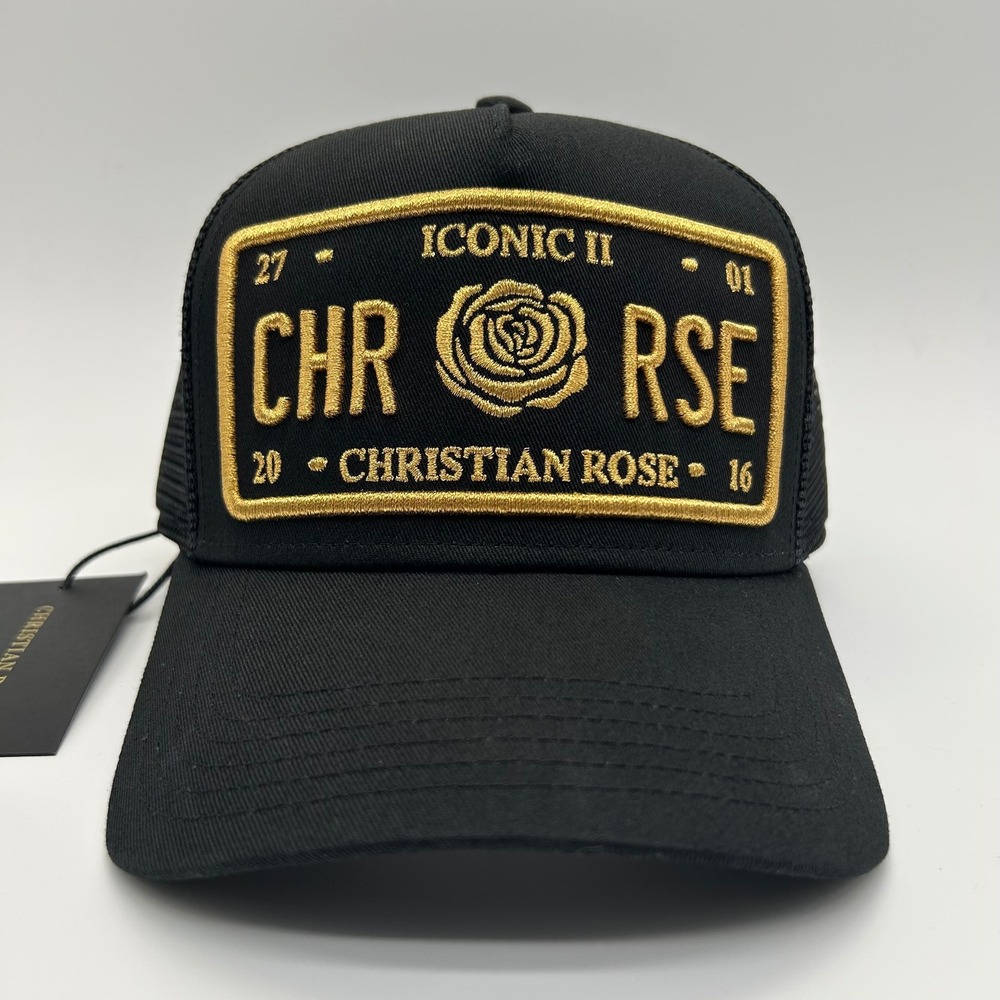 Christian Rose Iconic II Hat Black Gold Rose Logo Snapback Mesh Trucker Cap
